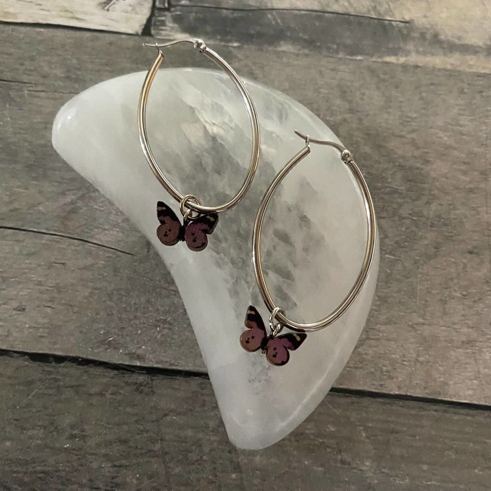 Stainless Steel Wooden Butterfly Hoop Earrings - Picture 2 of 3
